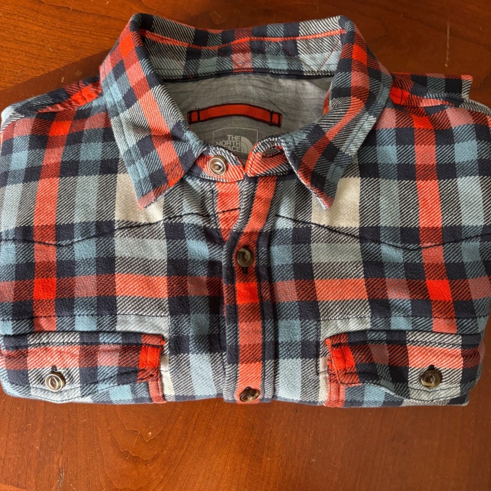 The North Face | Mens Large Plaid Flannel Button Down Shirt | Orange Blue